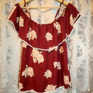 Spaghetti Strap off shoulder Maroon  w/ pretty pink roses blouse Size XL (15-17)